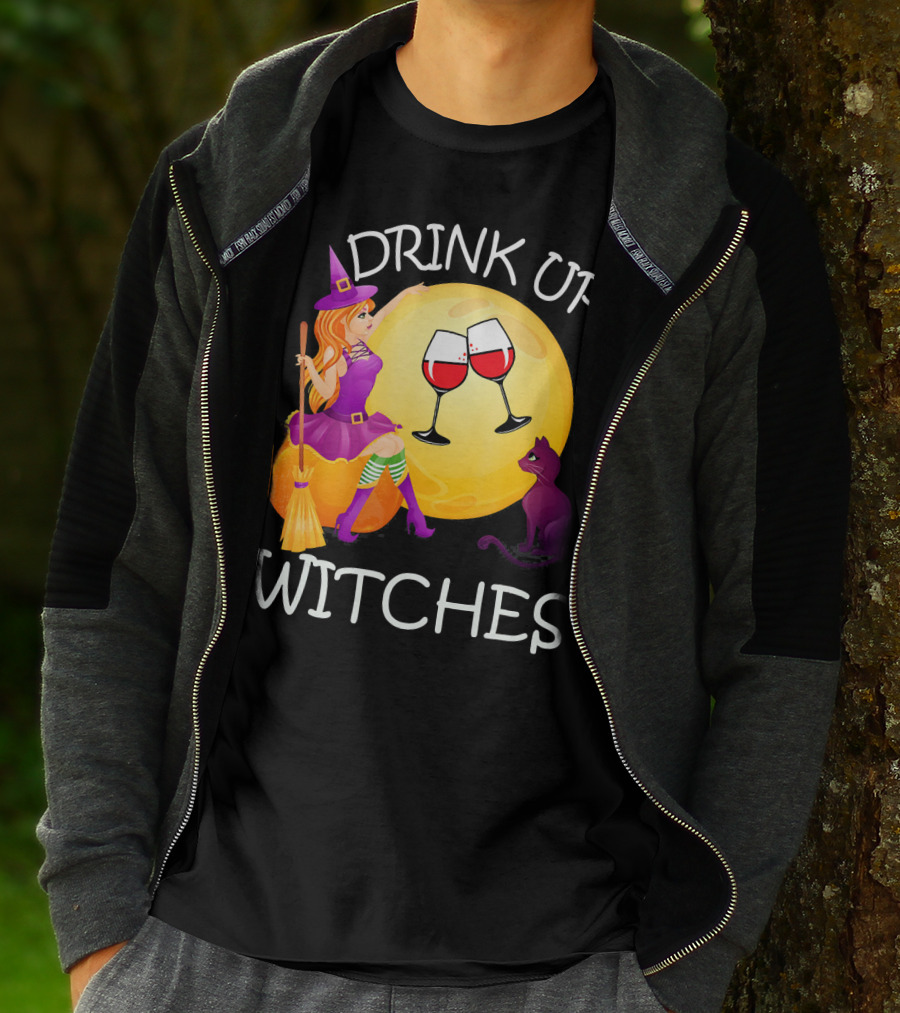 Drink Up Witches Halloween Wine Moon Cat Broomsticks T-Shirt