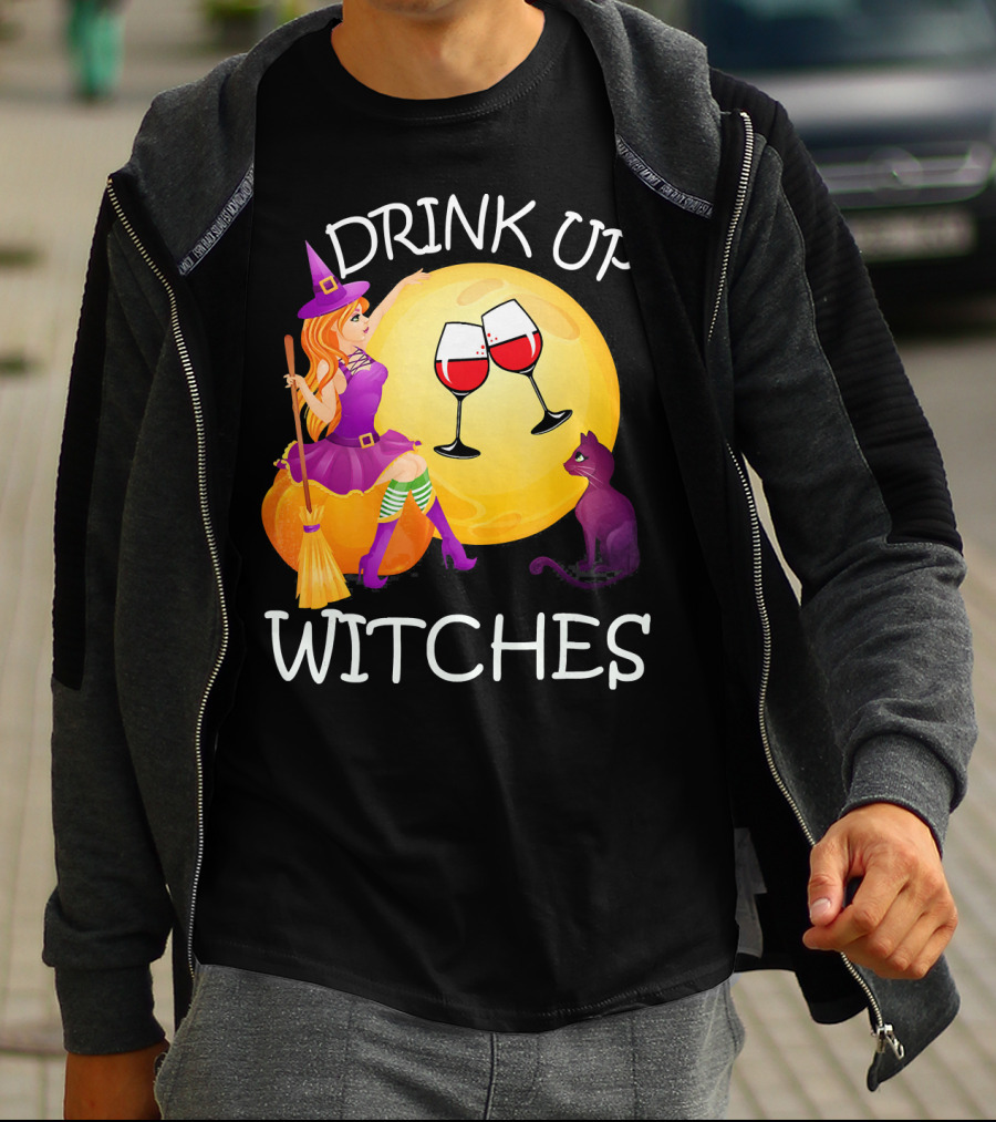 Drink Up Witches Halloween Wine Moon Cat Broomsticks T-Shirt