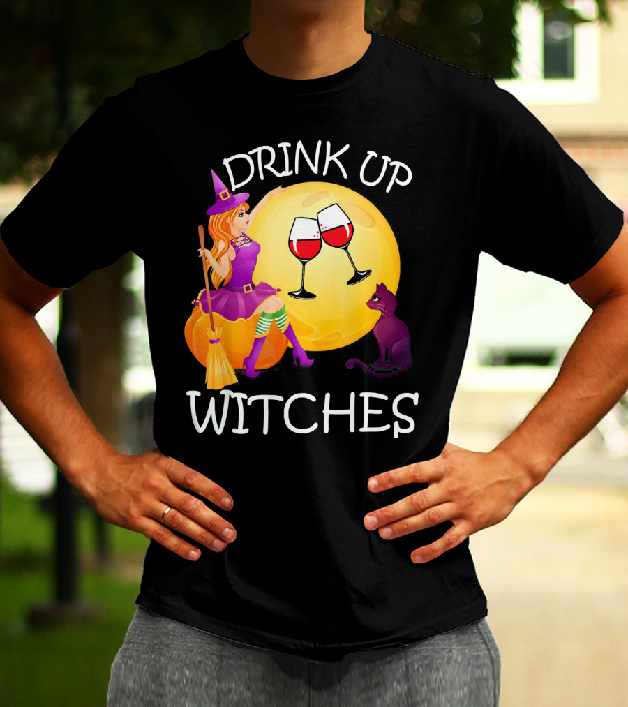 Drink Up Witches Halloween Wine Moon Cat Broomsticks T-Shirt