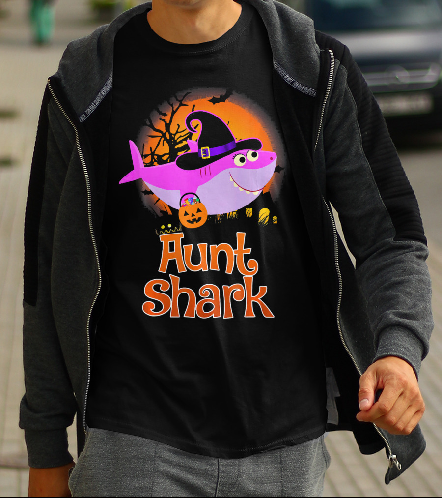 Aunt Shark Halloween Witch With Pumpkin On Orange Full Moon T-Shirt