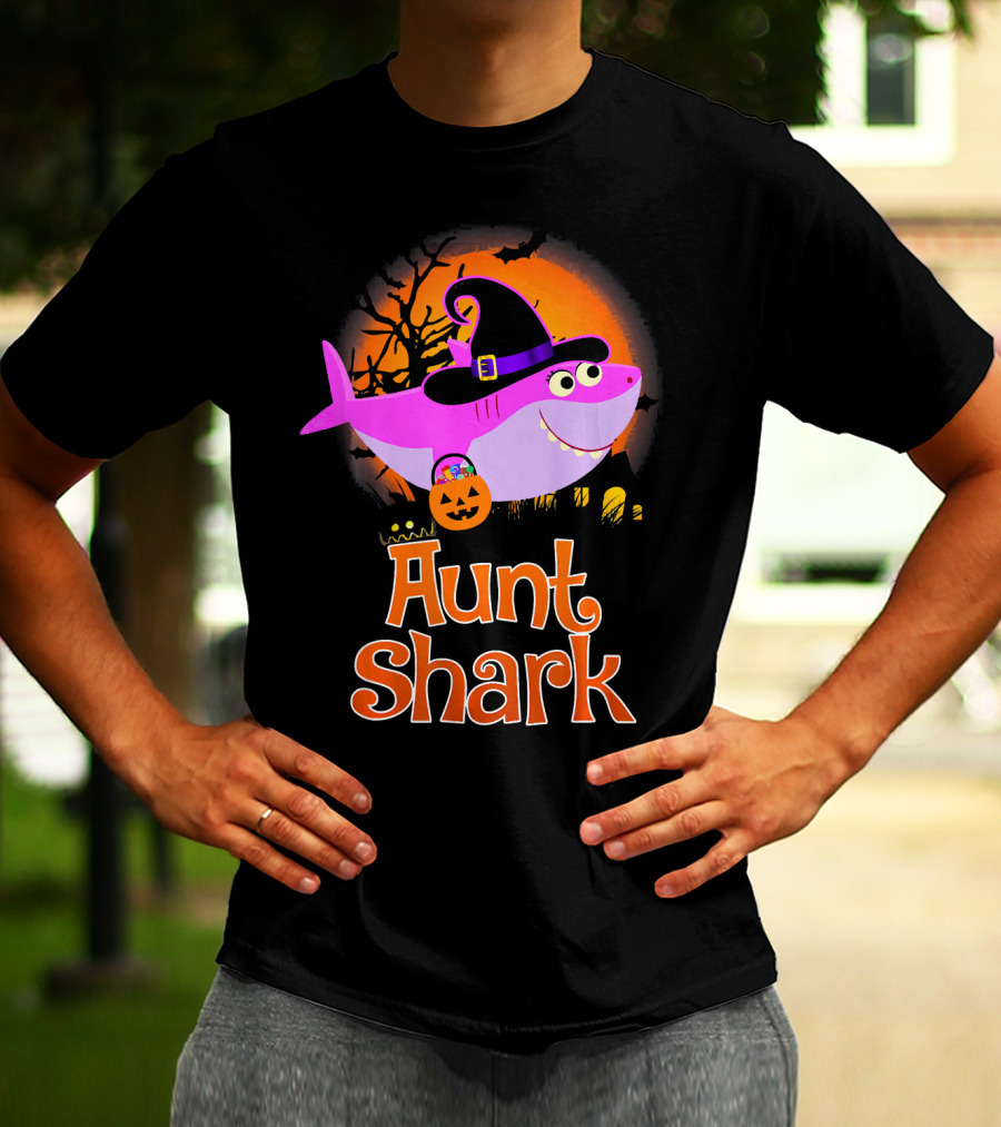 Aunt Shark Halloween Witch With Pumpkin On Orange Full Moon T-Shirt