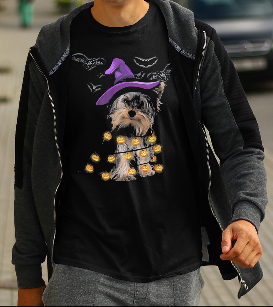 Yorkie In Witch Hat With Pumpkin Lights And Bats T-Shirt