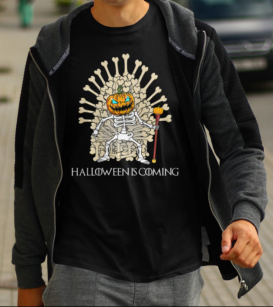 Halloween Is Coming Skeleton Pumpkin Throne T-Shirt