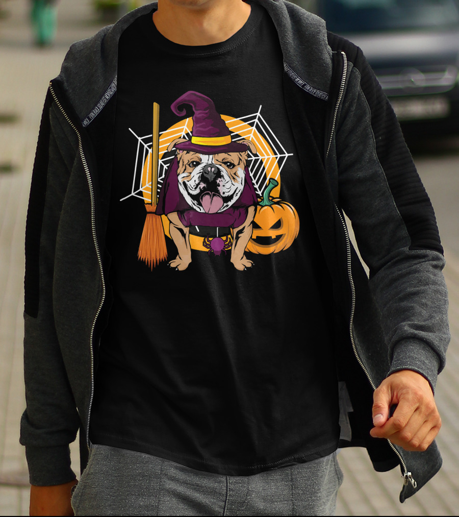 Witch Bulldog Halloween Pumpkin Broom Spiderweb T-Shirt
