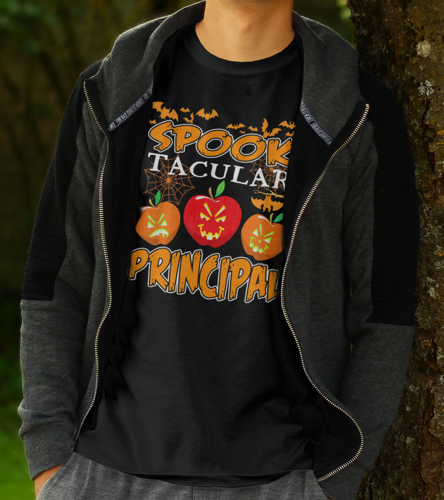 Spooktacular Principal Halloween Pumpkins And Bats T-Shirt