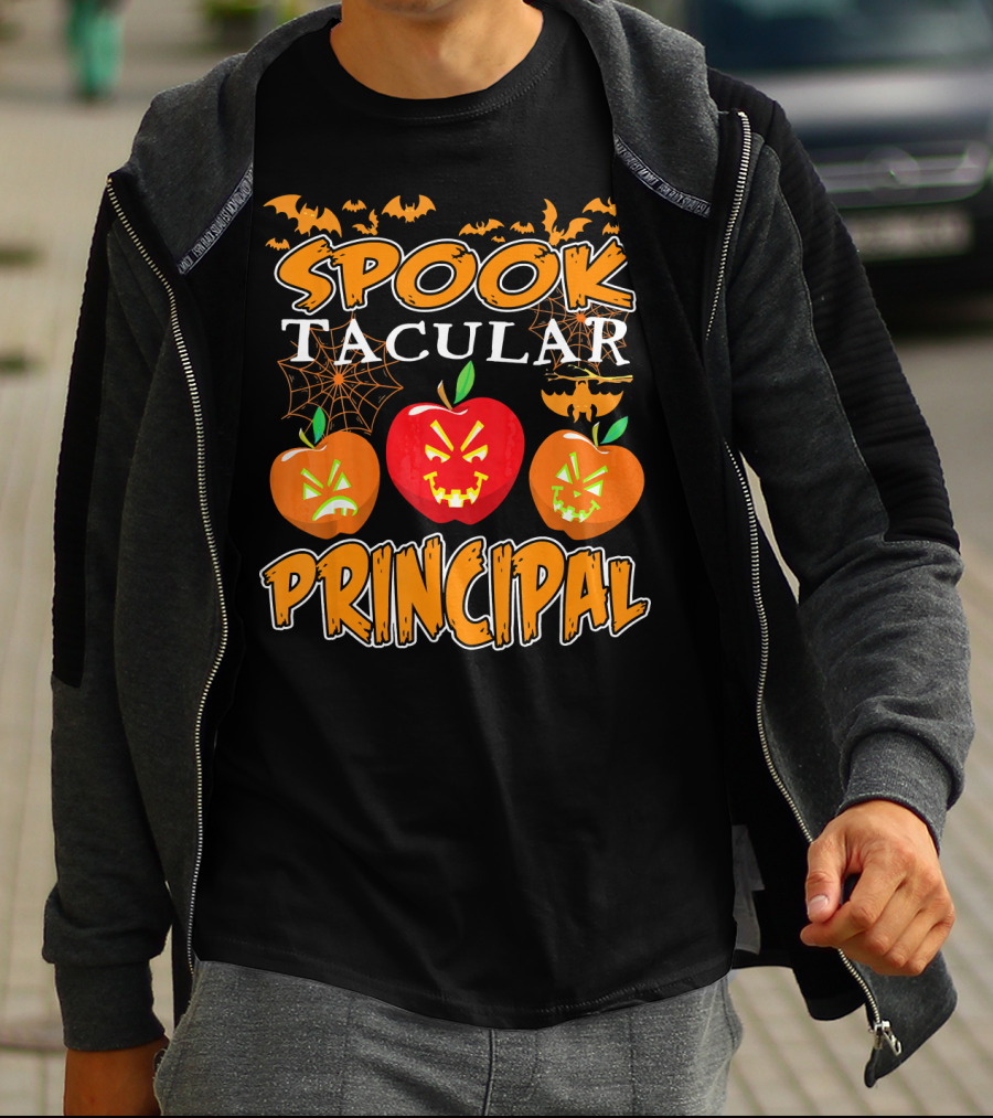 Spooktacular Principal Halloween Pumpkins And Bats T-Shirt