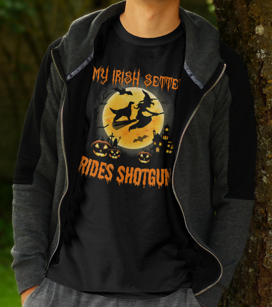 Halloween Witch Flying With My Irish Setter Rides Shotgun Moonlit Scene T-Shirt