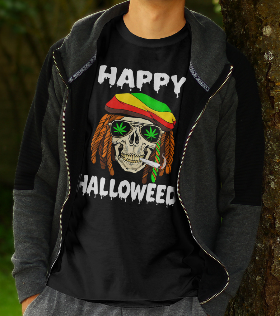 Happy Halloweed Smoking Rasta Skull With Cannabis Sunglasses T-Shirt