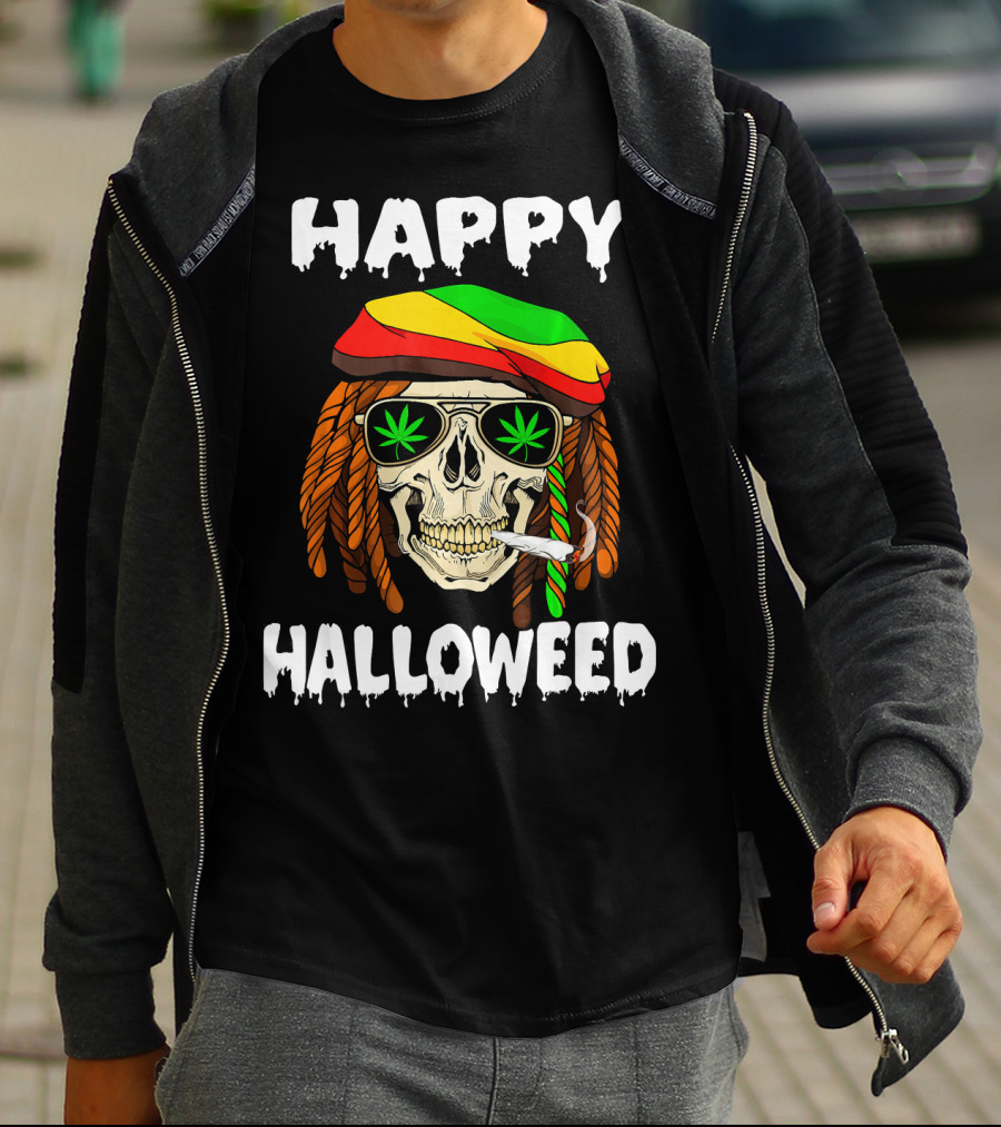 Happy Halloweed Smoking Rasta Skull With Cannabis Sunglasses T-Shirt