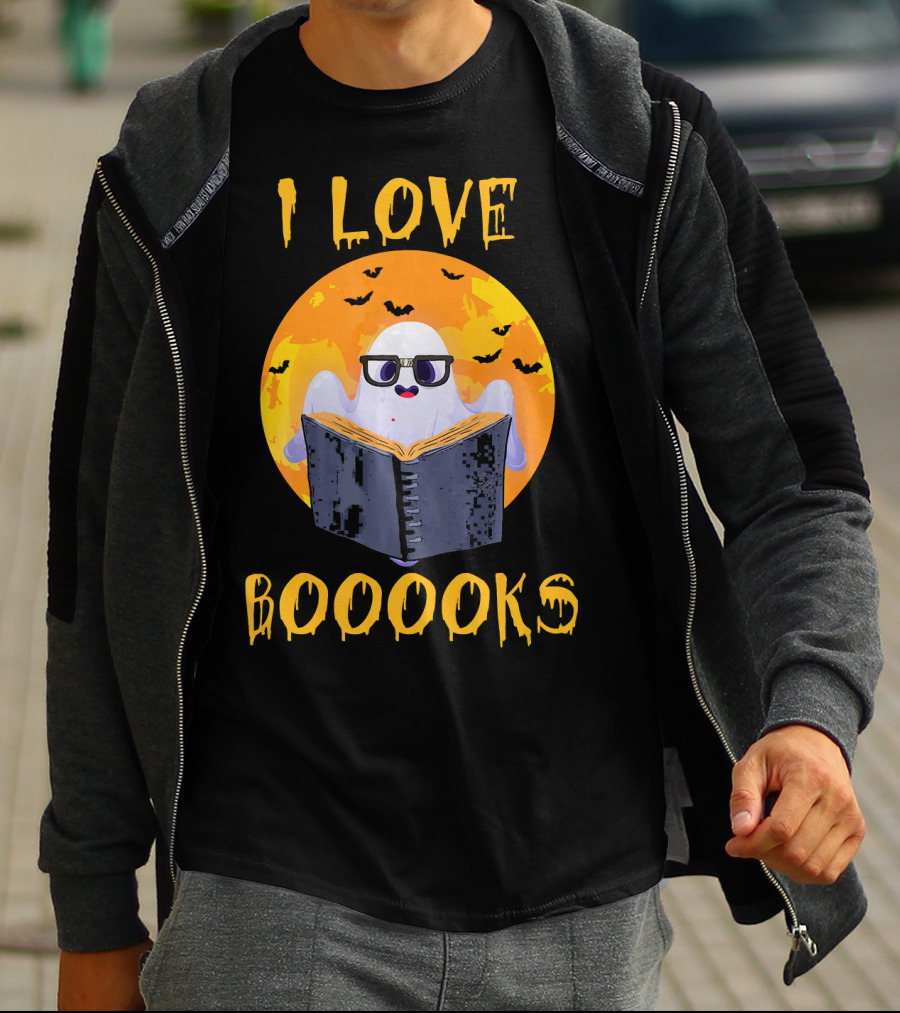 I Love Boooooks Halloween Ghost Reading With Bats T-Shirt