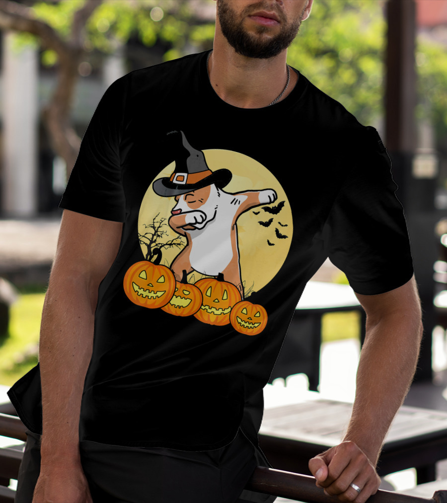 Dabbing Pit Bull Halloween Witch Hat Pumpkins Bats Dance Funny Dog T-Shirt