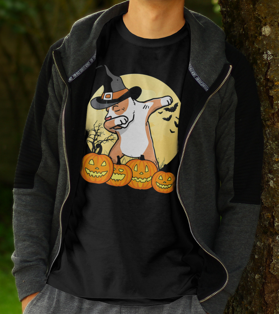 Dabbing Pit Bull Halloween Witch Hat Pumpkins Bats Dance Funny Dog T-Shirt