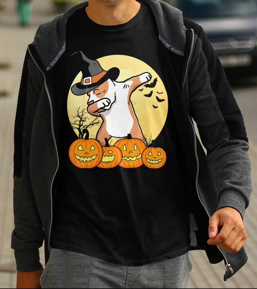Dabbing Pit Bull Halloween Witch Hat Pumpkins Bats Dance Funny Dog T-Shirt