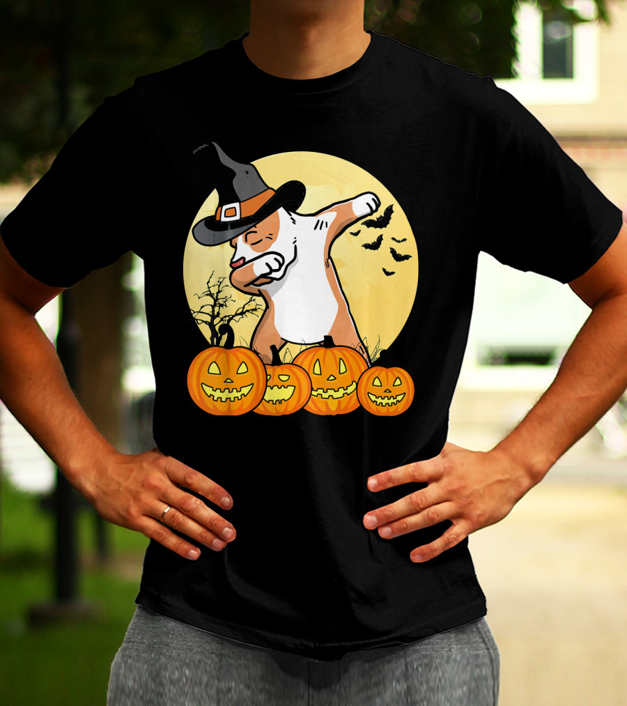Dabbing Pit Bull Halloween Witch Hat Pumpkins Bats Dance Funny Dog T-Shirt