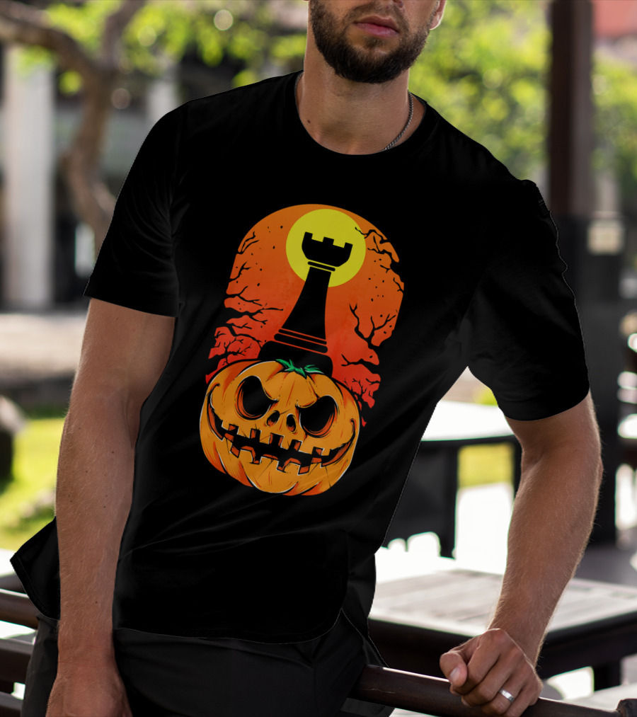 Spooky Rook Pumpkin Halloween Chess Tower Moon T-Shirt