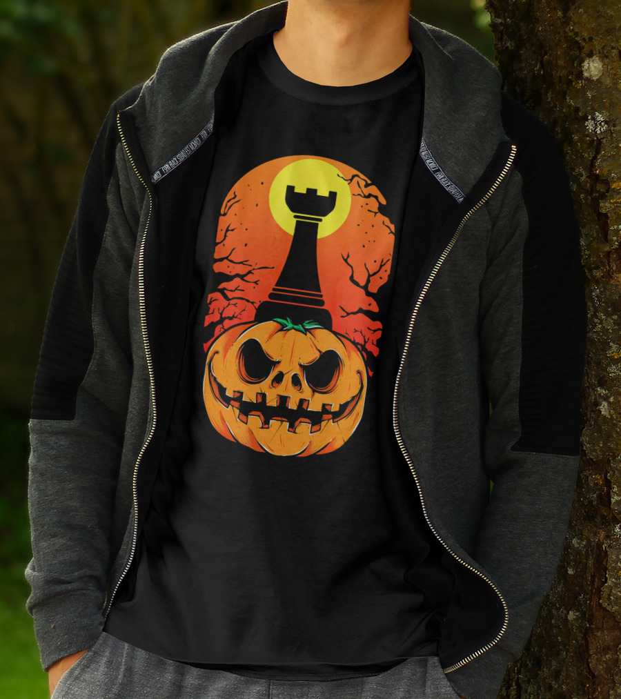Spooky Rook Pumpkin Halloween Chess Tower Moon T-Shirt
