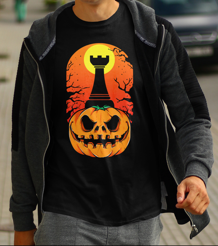 Spooky Rook Pumpkin Halloween Chess Tower Moon T-Shirt