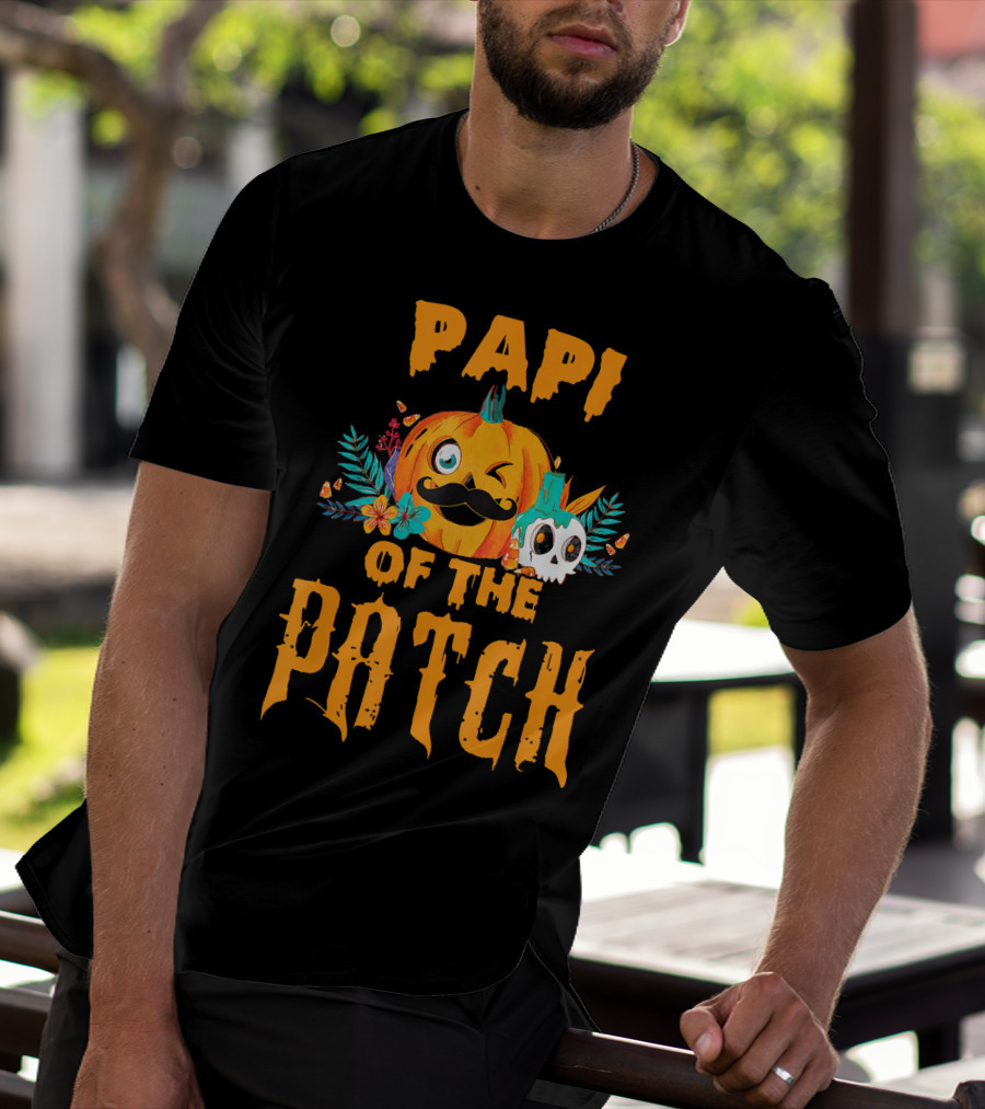 Papi Of The Patch Pumpkin Winking Mustache Skull Flowers T-Shirt