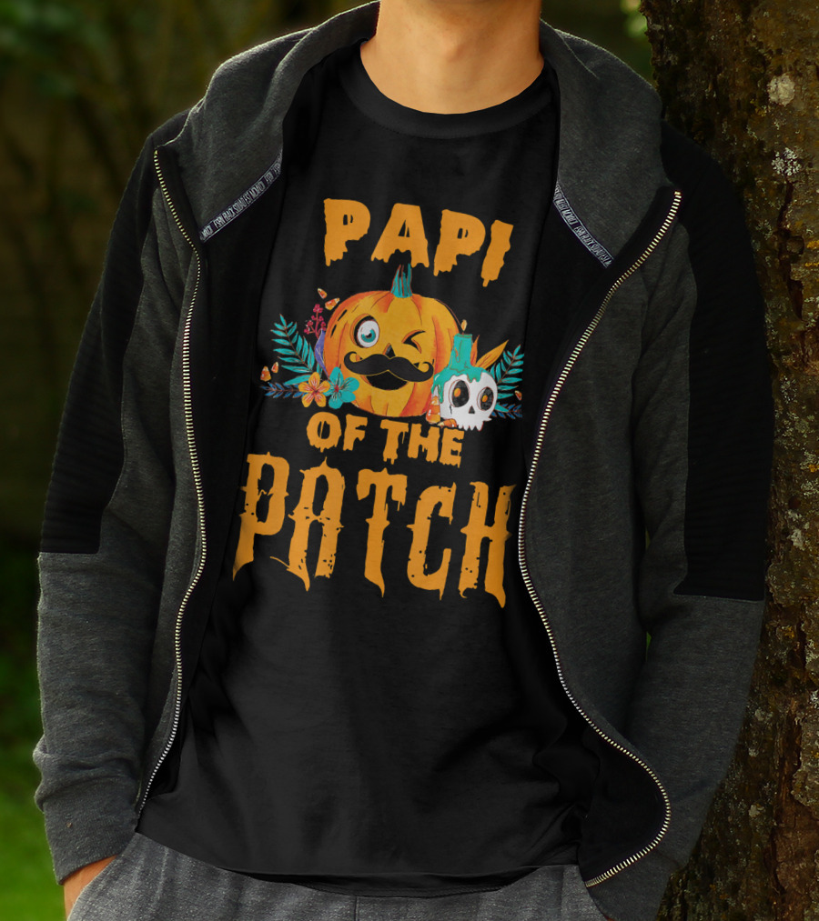 Papi Of The Patch Pumpkin Winking Mustache Skull Flowers T-Shirt
