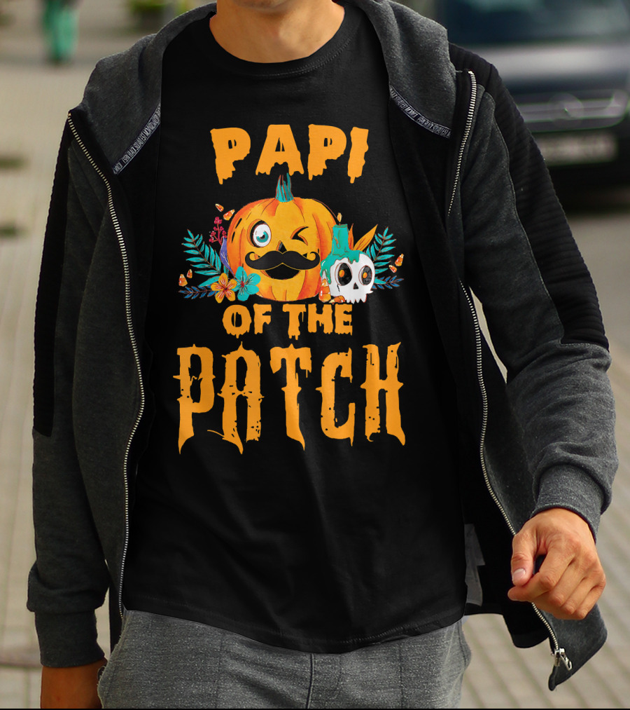 Papi Of The Patch Pumpkin Winking Mustache Skull Flowers T-Shirt