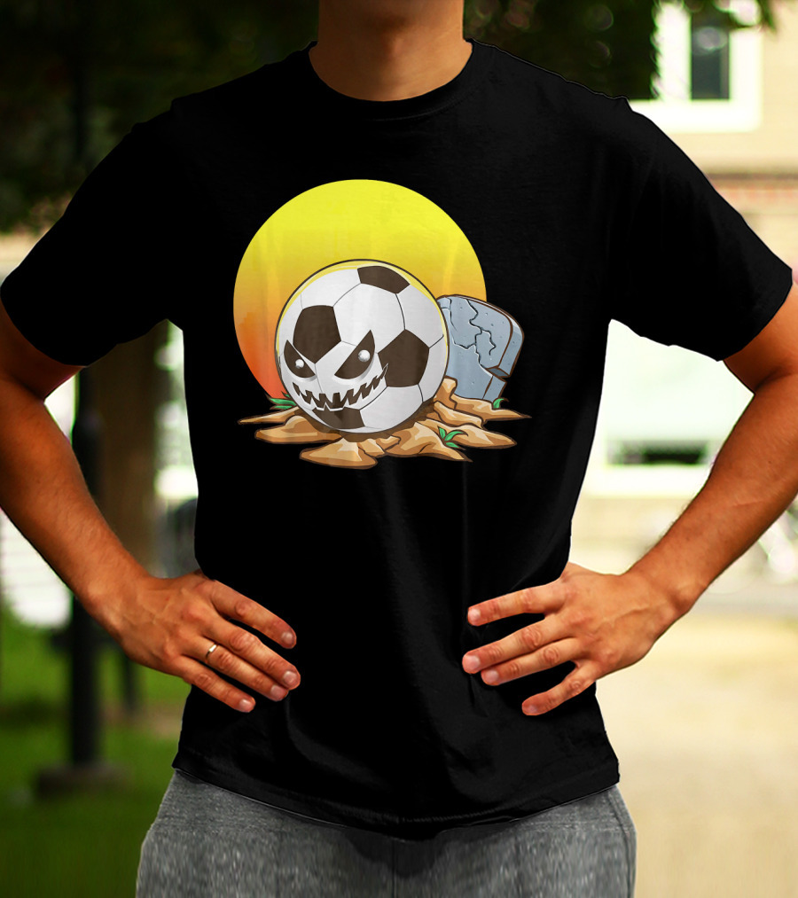 Soccer Halloween Goal With Spooky Jack-O'-Lantern Face And Graveyard Scene T-Shirt