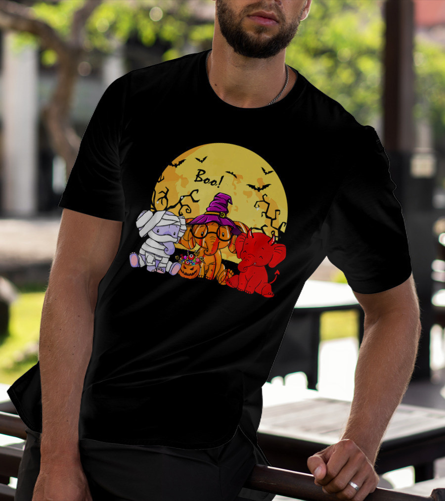 Boo Three Elephants Halloween Costume Party With Moon And Bats T-Shirt