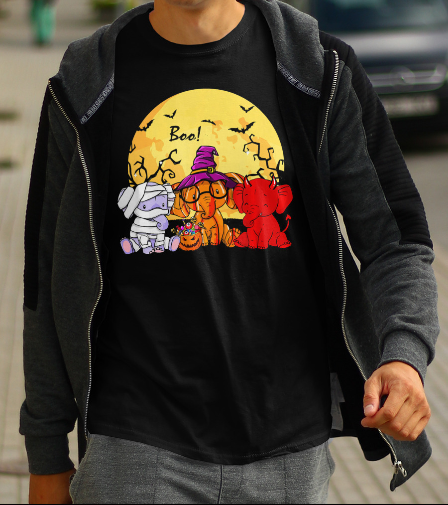 Boo Three Elephants Halloween Costume Party With Moon And Bats T-Shirt