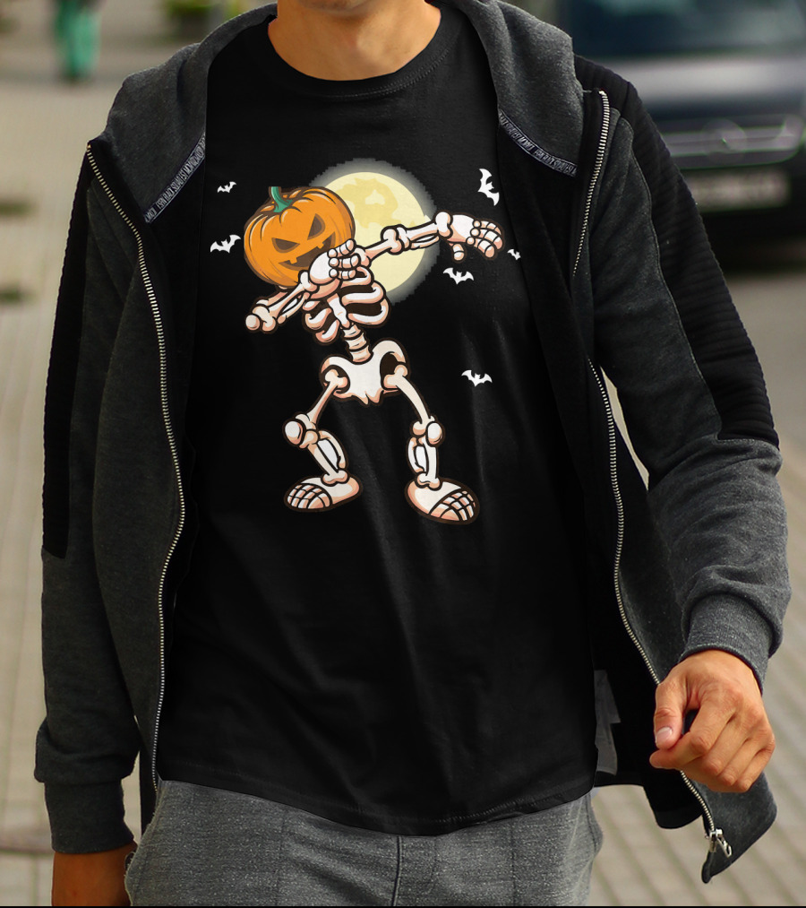 Skeleton Dabbing With Pumpkin Head And Bats T-Shirt