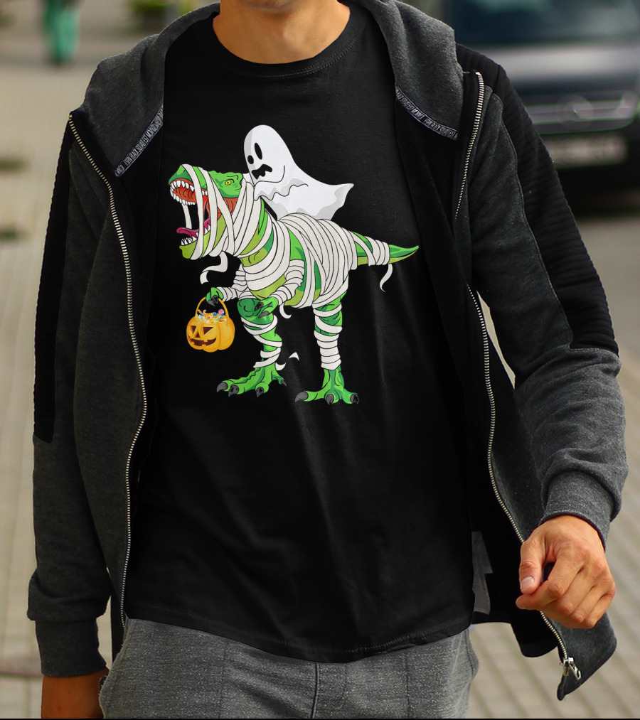Ghost Mummy Riding T-Rex Trick Or Treat T-Shirt
