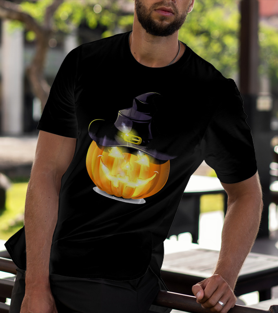 Halloween Horror Pumpkin Witch Hat Glowing Face T-Shirt