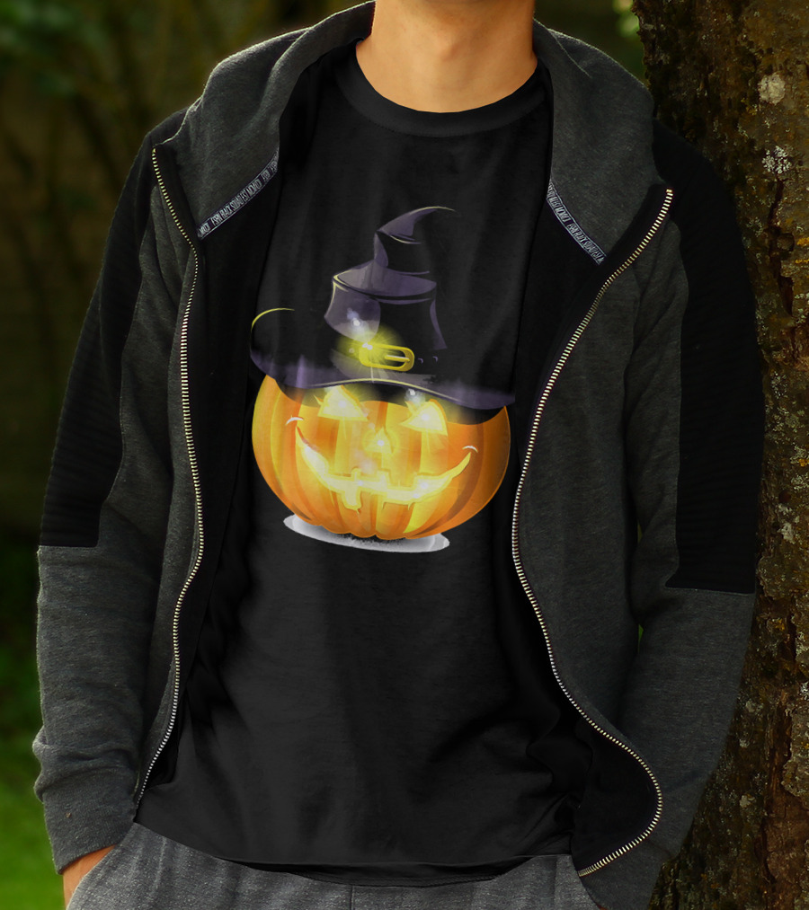 Halloween Horror Pumpkin Witch Hat Glowing Face T-Shirt