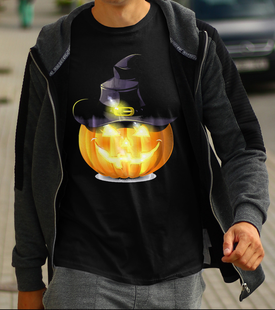 Halloween Horror Pumpkin Witch Hat Glowing Face T-Shirt