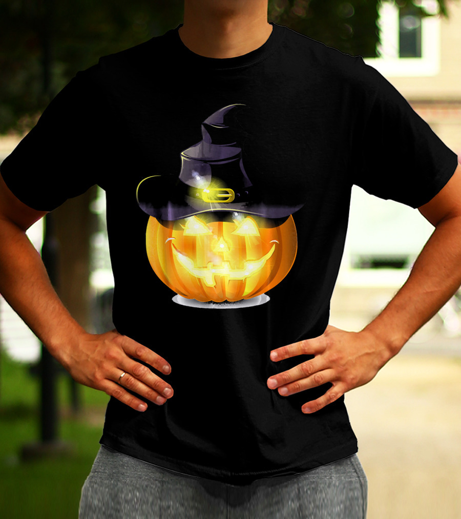 Halloween Horror Pumpkin Witch Hat Glowing Face T-Shirt