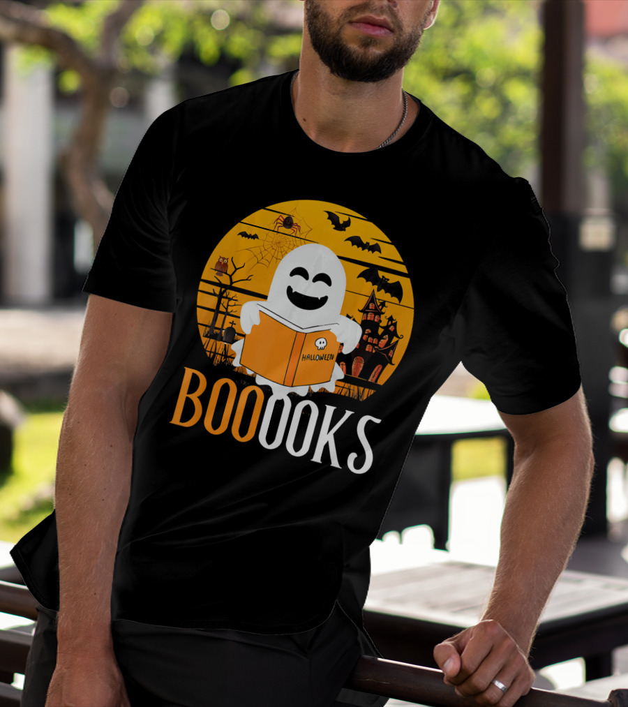 Halloween Ghost Reading Booooks In Spooky Setting With Funny Teacher T-Shirt
