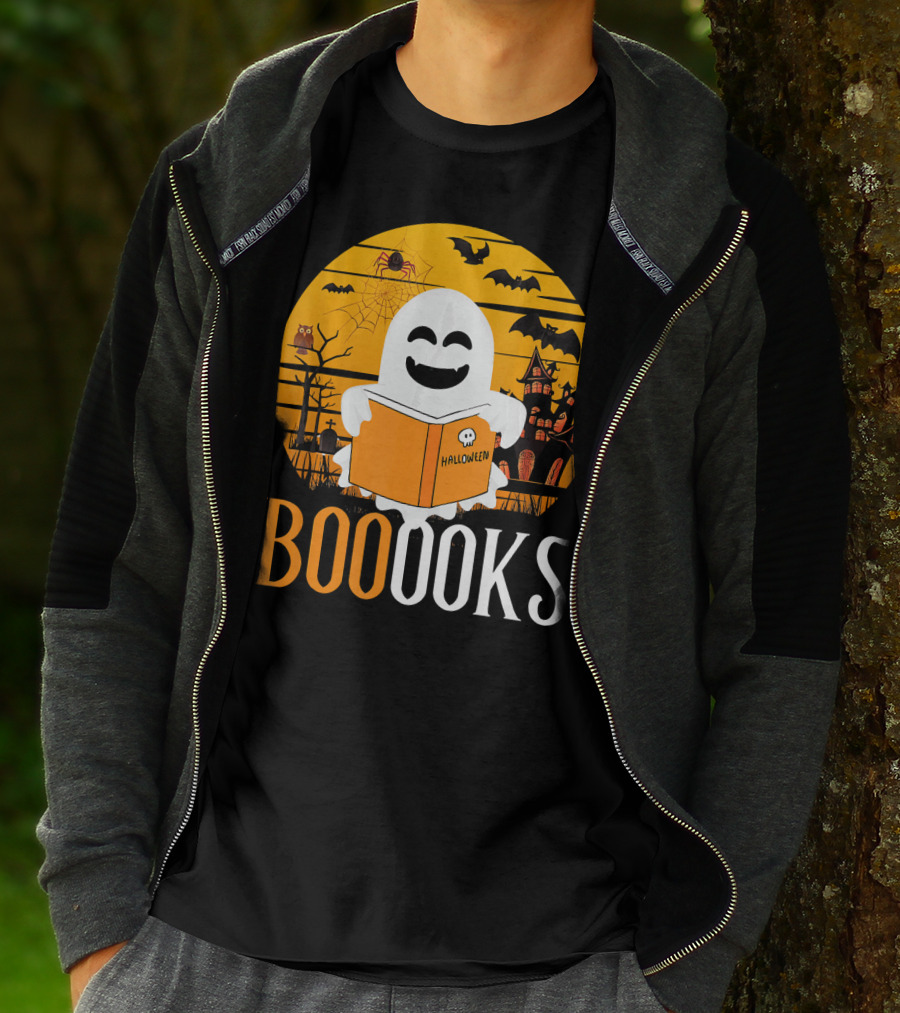 Halloween Ghost Reading Booooks In Spooky Setting With Funny Teacher T-Shirt