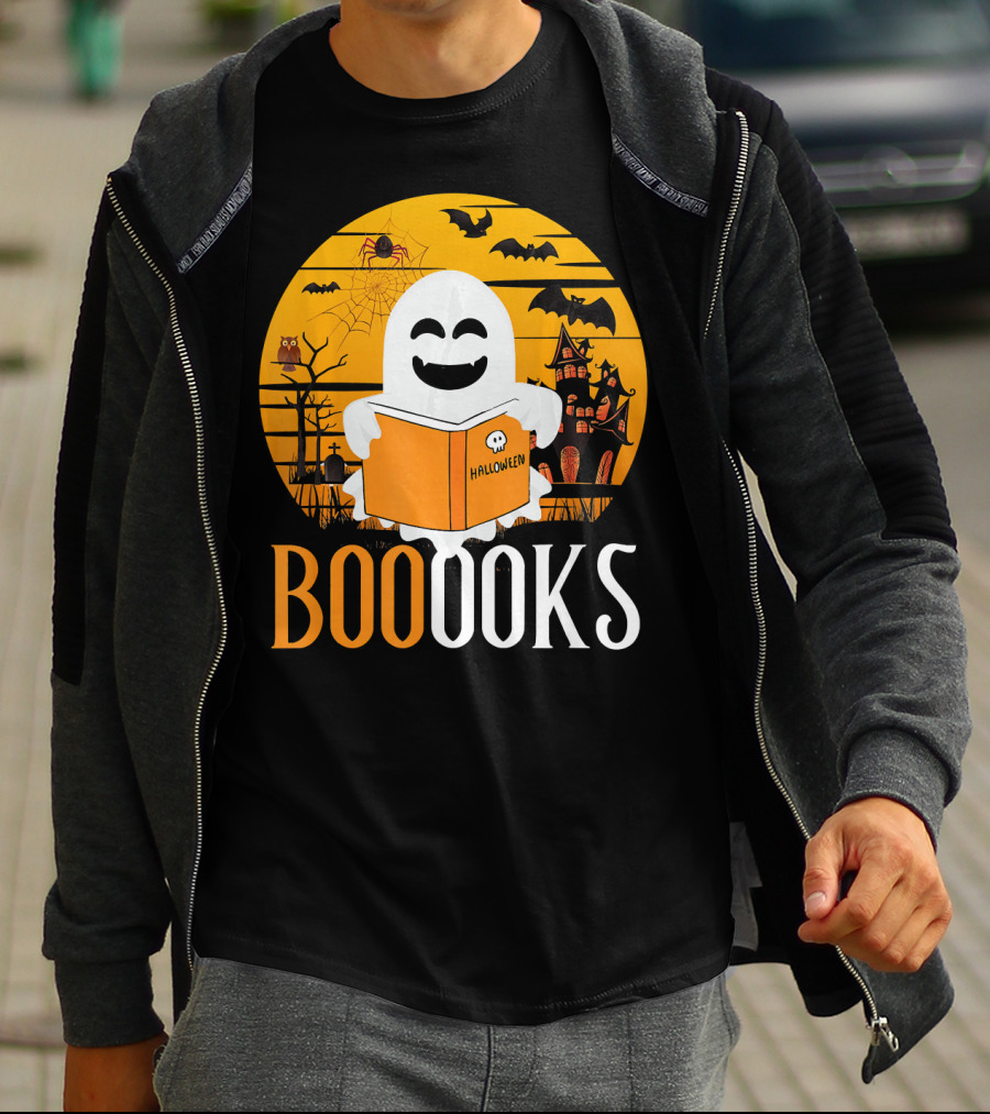 Halloween Ghost Reading Booooks In Spooky Setting With Funny Teacher T-Shirt