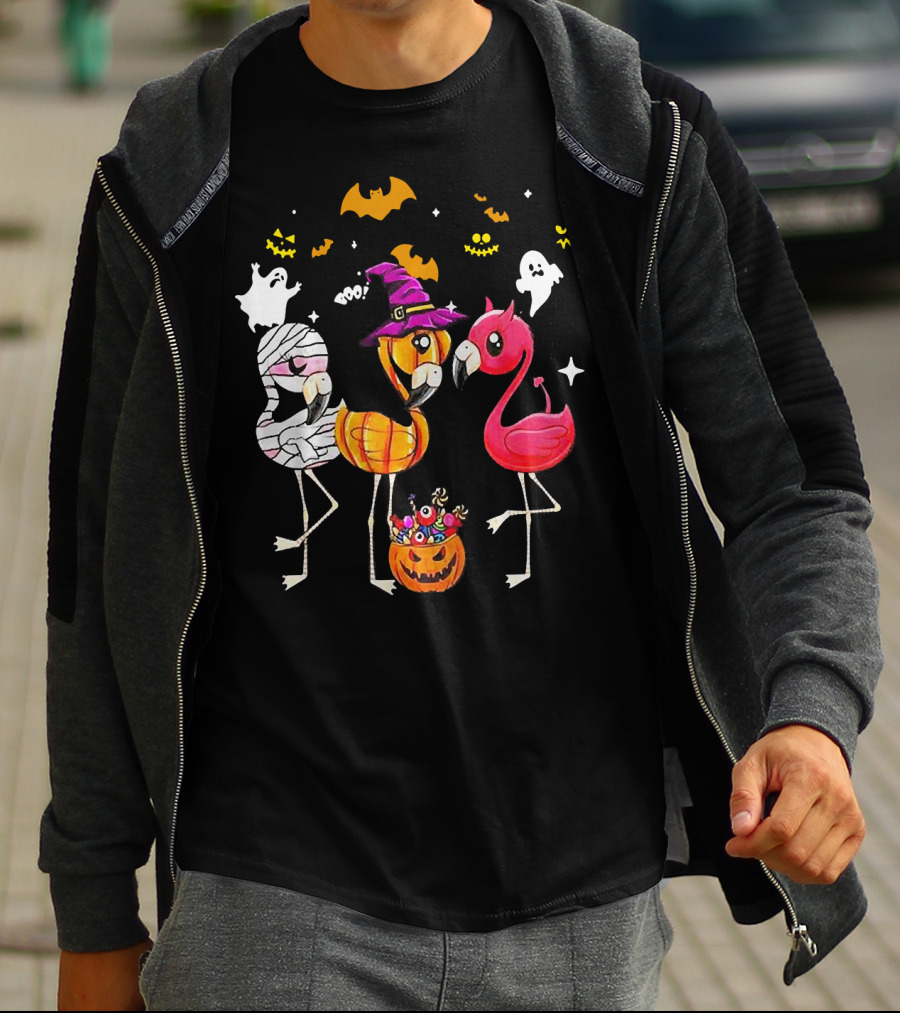 Flamingo Halloween Candy Witch Ghost Bats Pumpkin T-Shirt