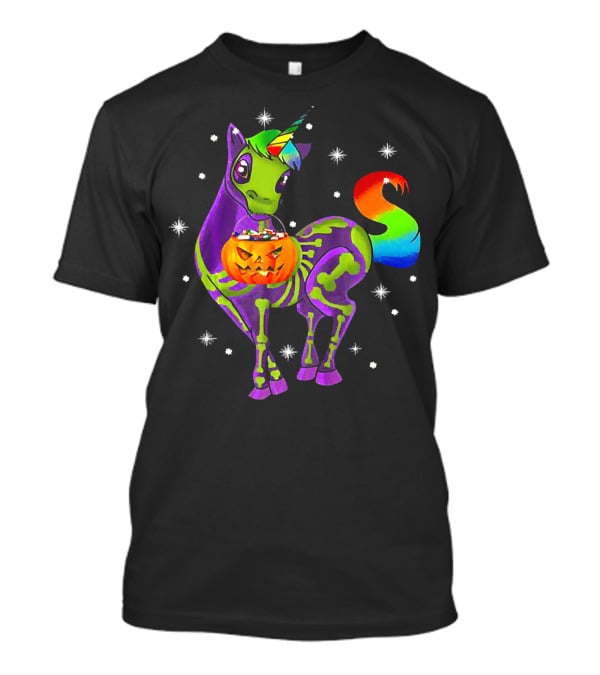 Unicorn Skeleton Pumpkin Rainbow Halloween Magic T-Shirt
