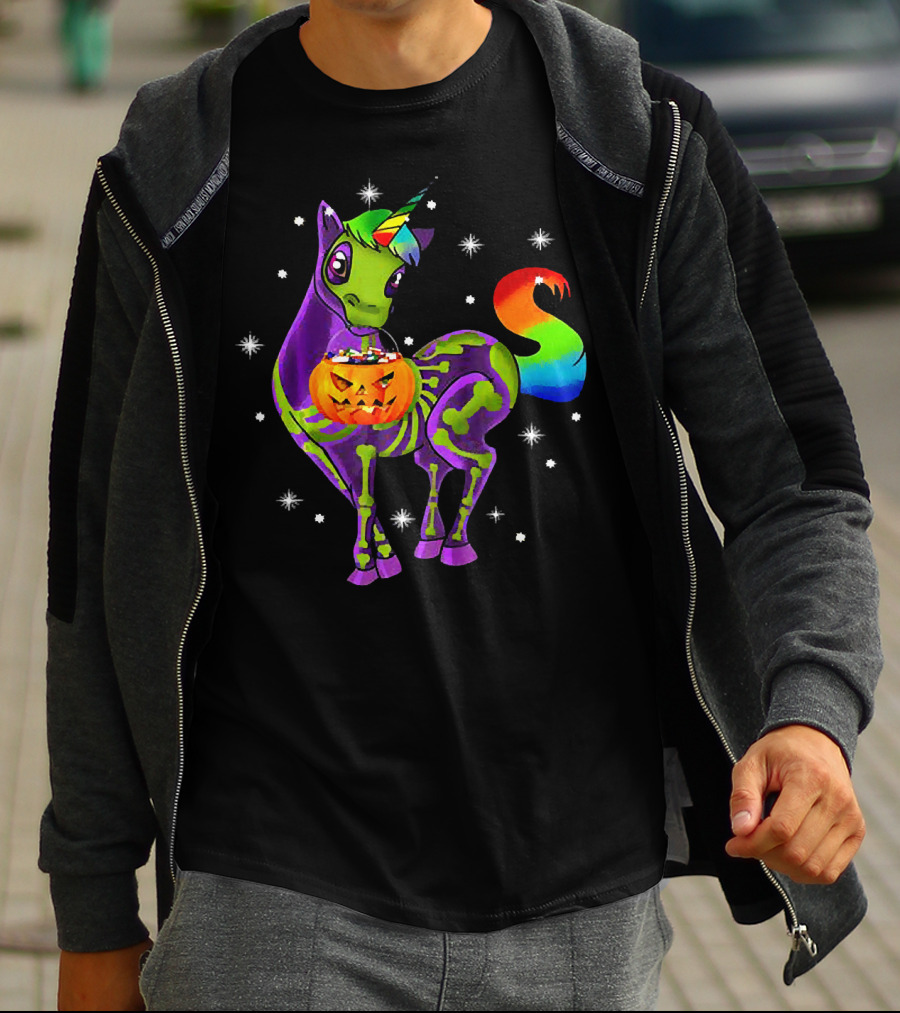 Unicorn Skeleton Pumpkin Rainbow Halloween Magic T-Shirt