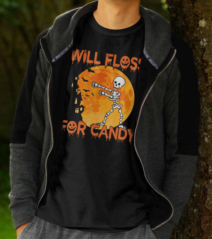 Will Floss For Candy Dancing Skeleton Halloween Moon Bats T-Shirt