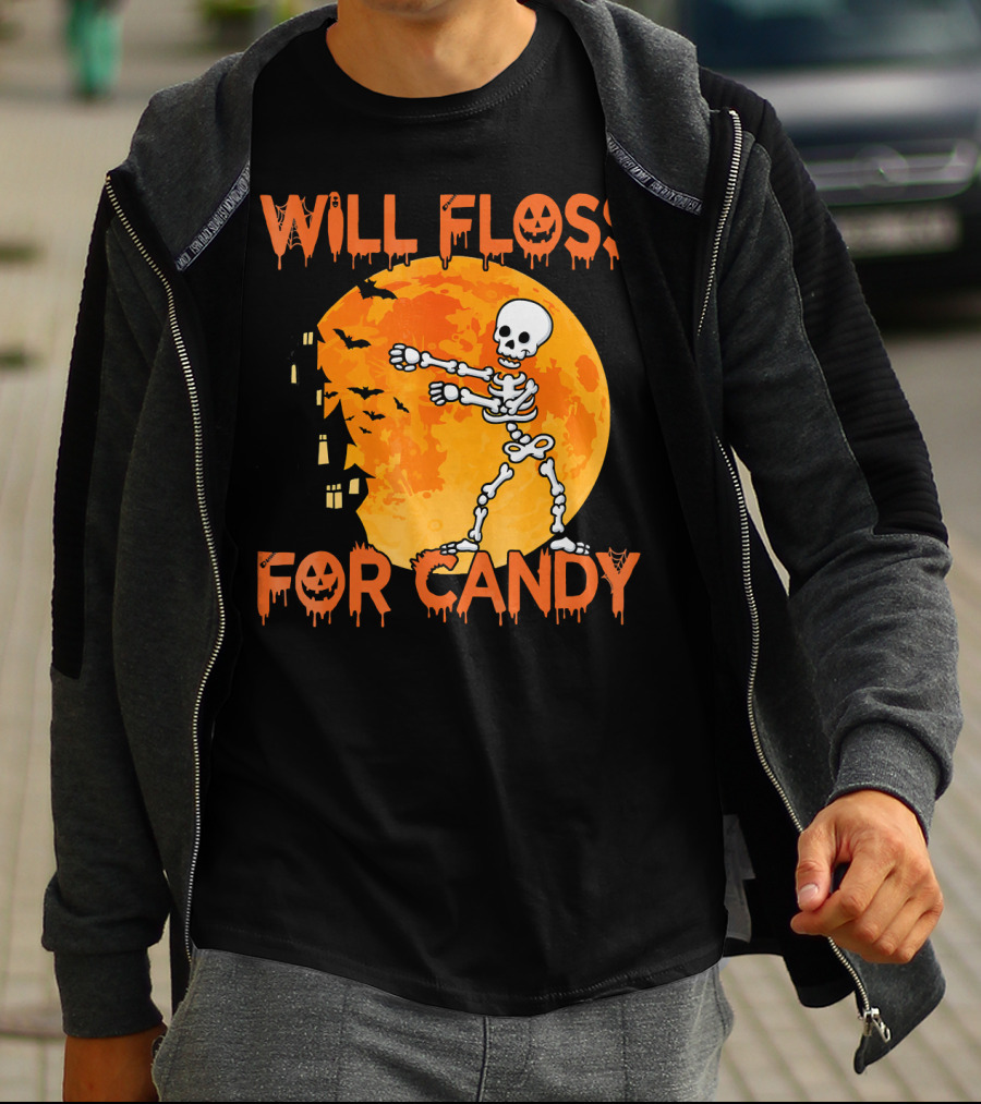 Will Floss For Candy Dancing Skeleton Halloween Moon Bats T-Shirt