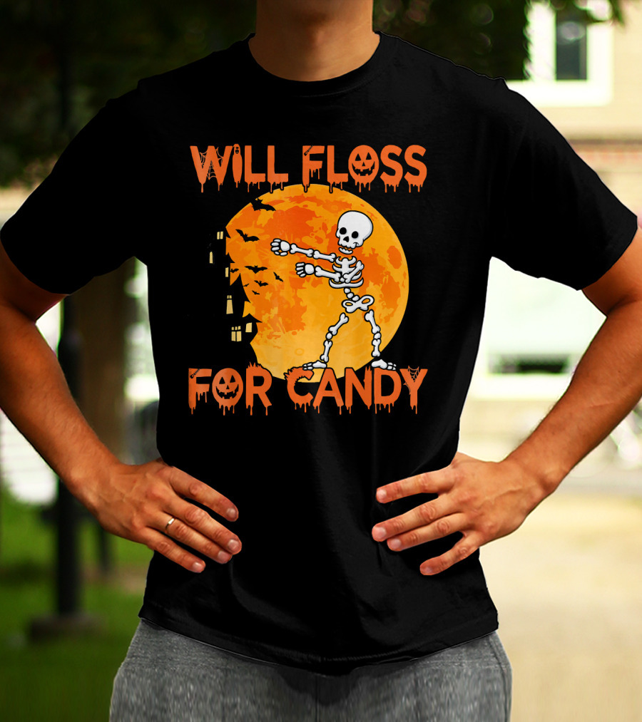 Will Floss For Candy Dancing Skeleton Halloween Moon Bats T-Shirt