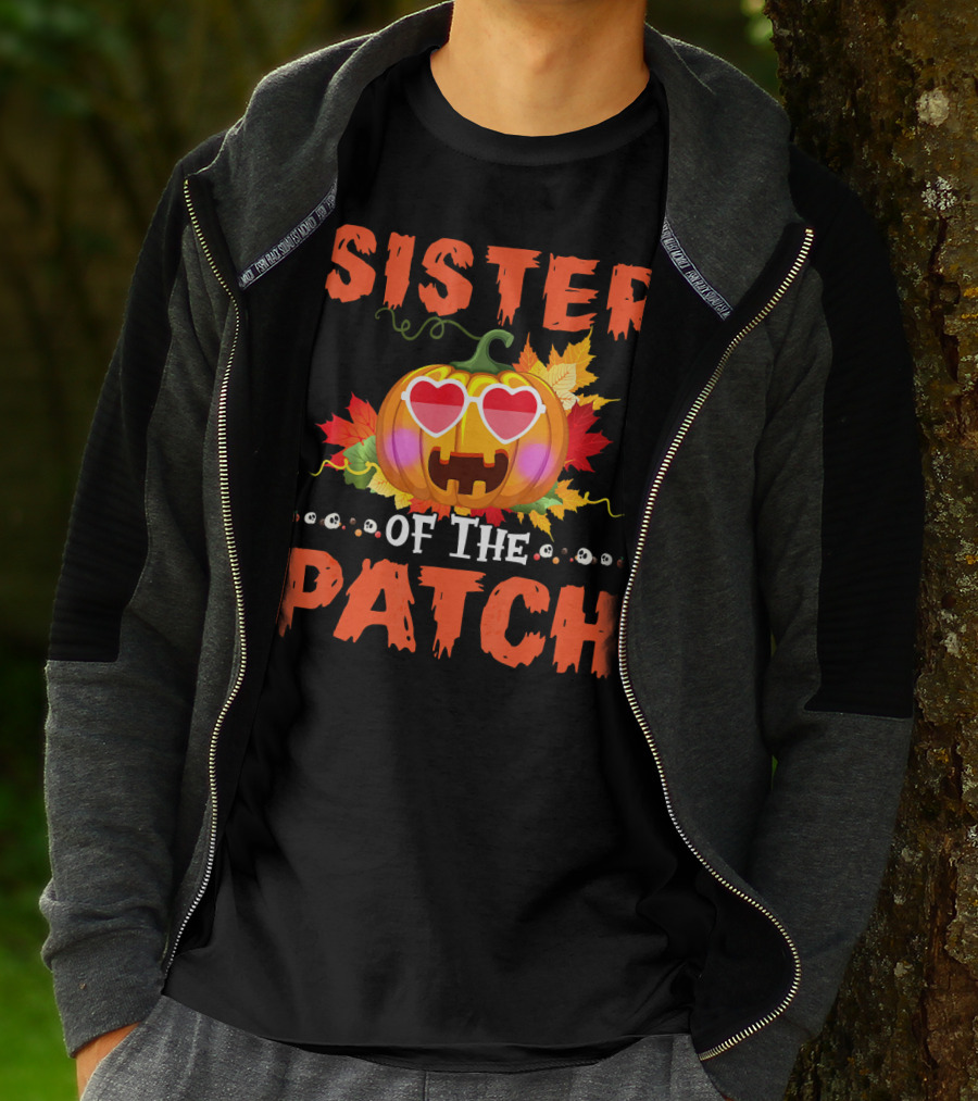 Sister Of The Patch Pumpkin Halloween Co Hearts Leaves Skulls T-Shirt