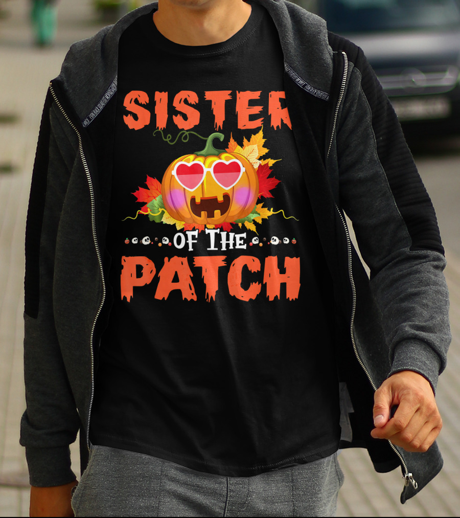 Sister Of The Patch Pumpkin Halloween Co Hearts Leaves Skulls T-Shirt