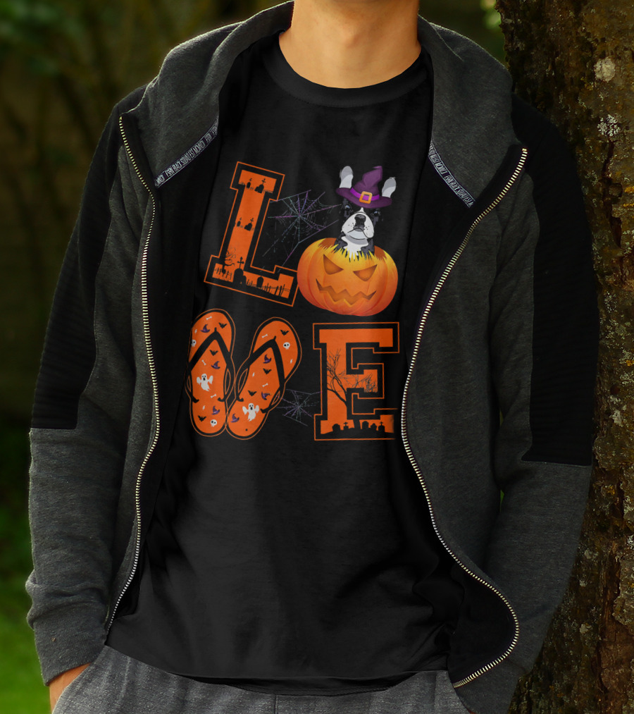 LOVE French Bulldog Pumpkin Halloween Ghosts Spider Webs T-Shirt