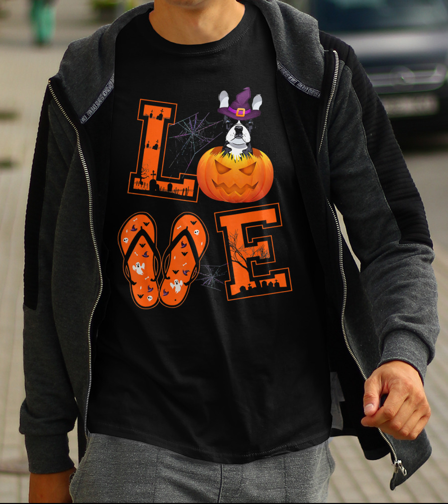 LOVE French Bulldog Pumpkin Halloween Ghosts Spider Webs T-Shirt