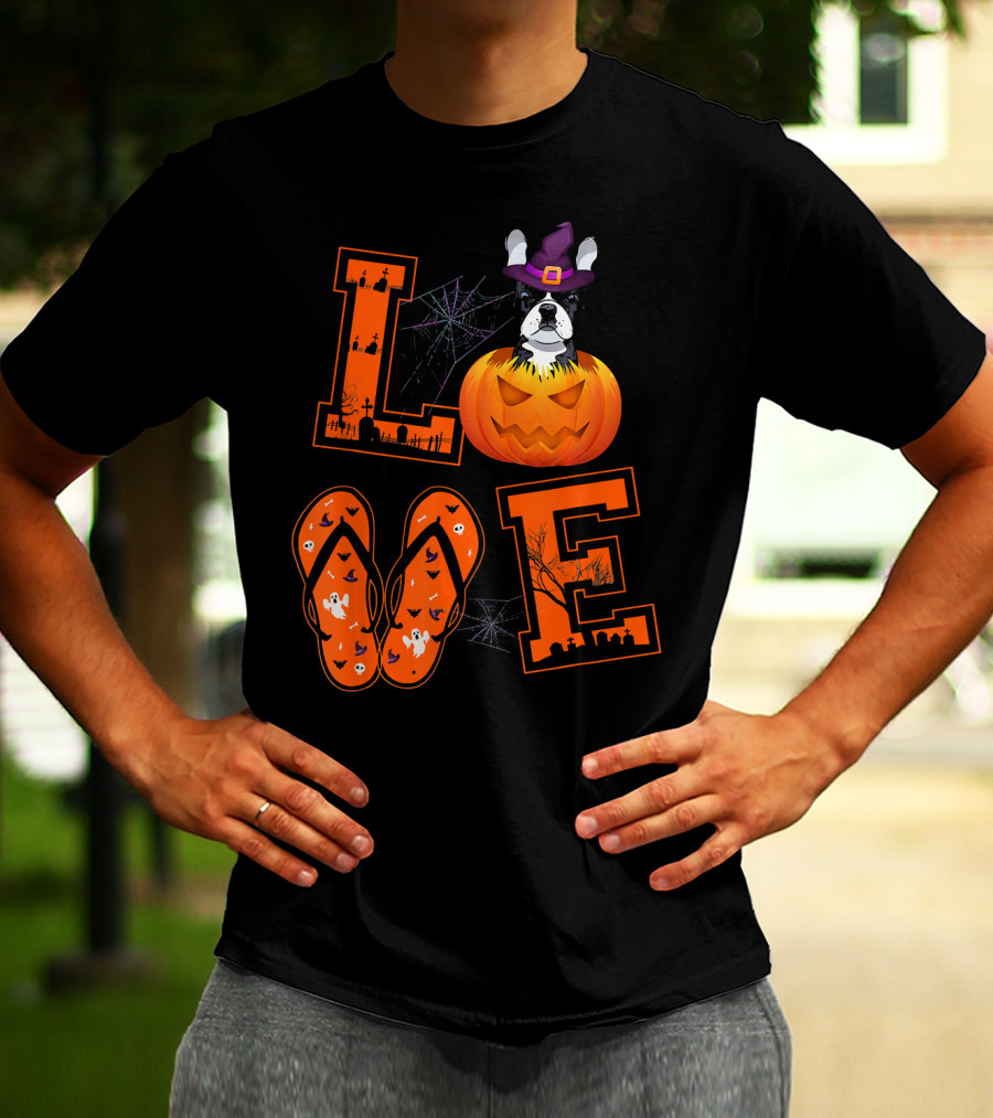 LOVE French Bulldog Pumpkin Halloween Ghosts Spider Webs T-Shirt