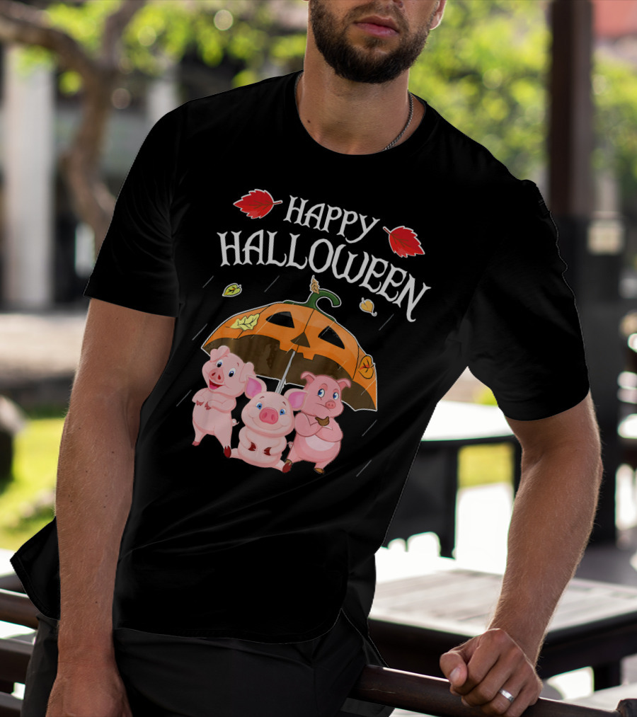 Happy Halloween Pigs Under Jack-o'-Lantern Umbrella T-Shirt
