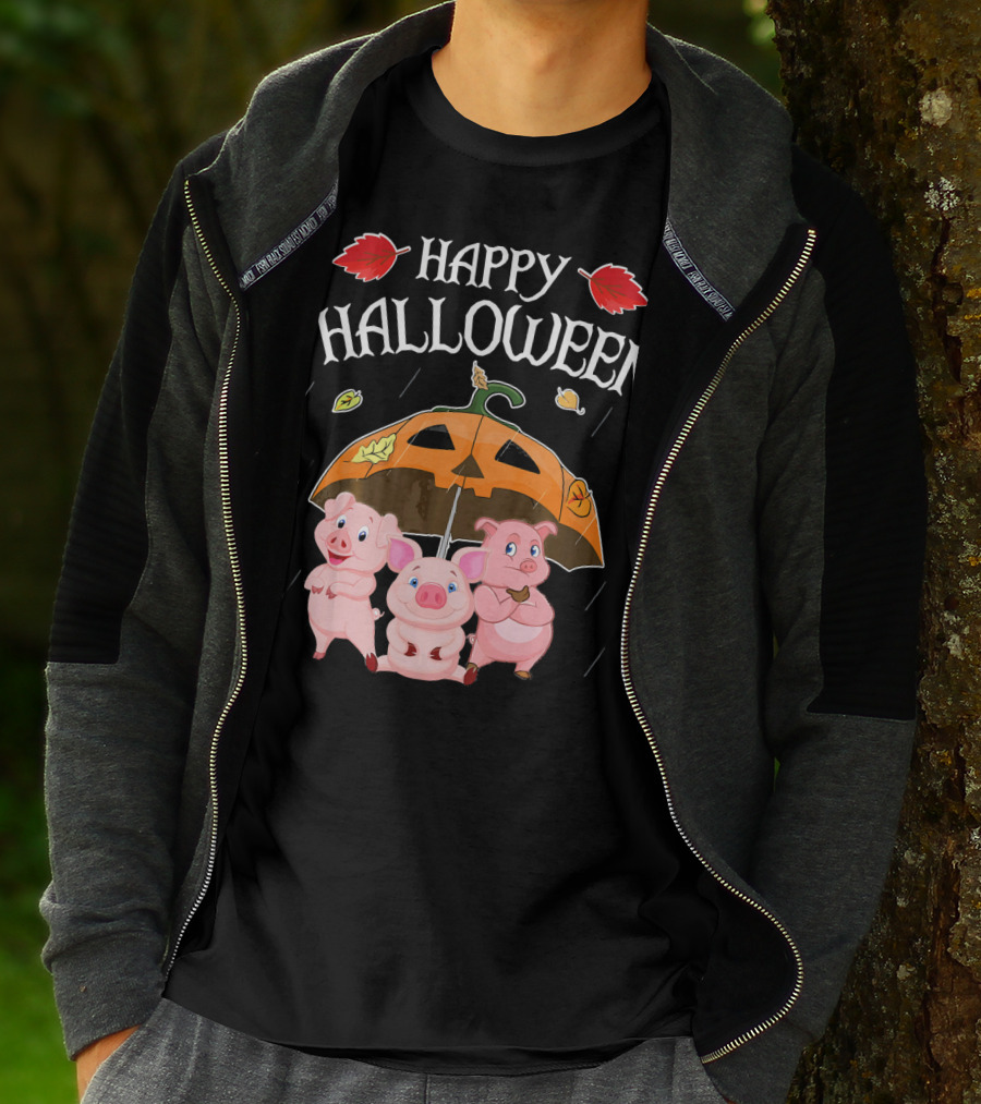 Happy Halloween Pigs Under Jack-o'-Lantern Umbrella T-Shirt