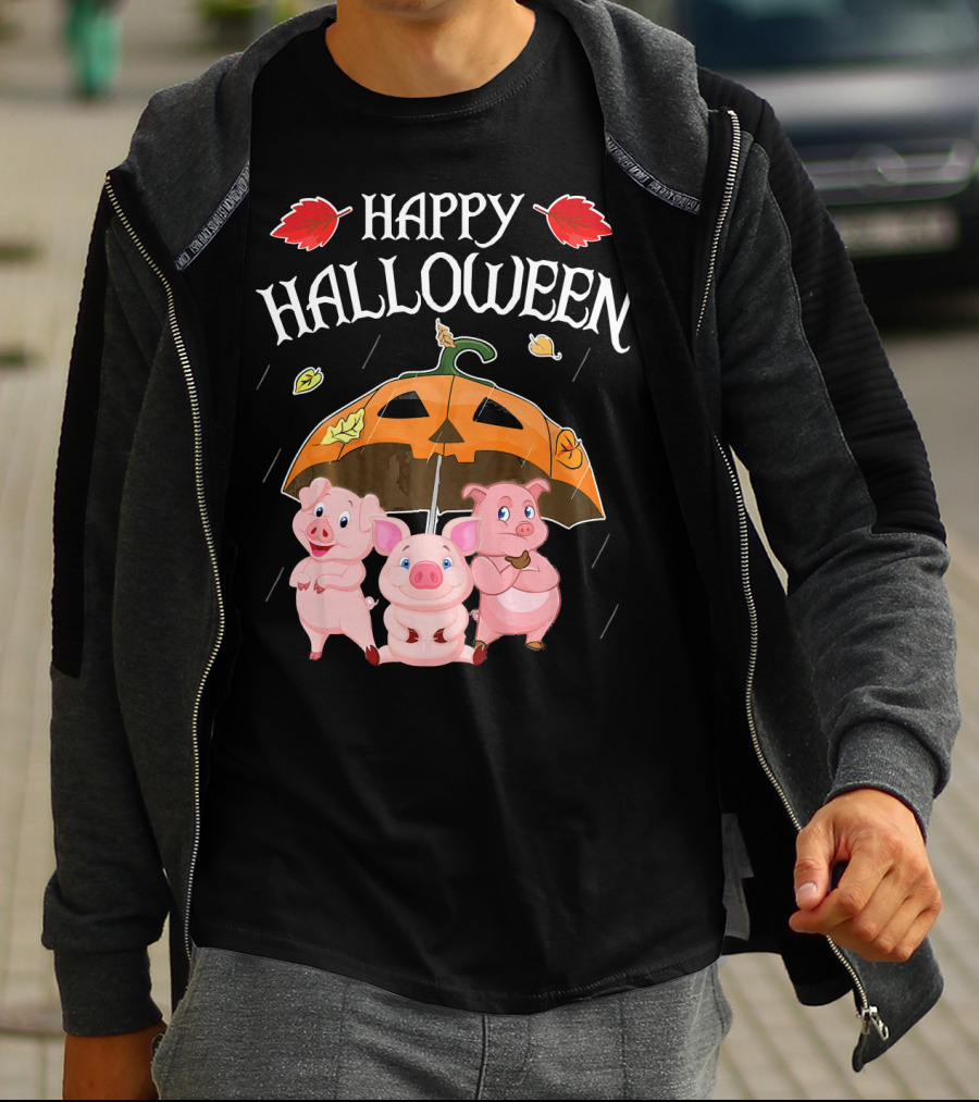 Happy Halloween Pigs Under Jack-o'-Lantern Umbrella T-Shirt